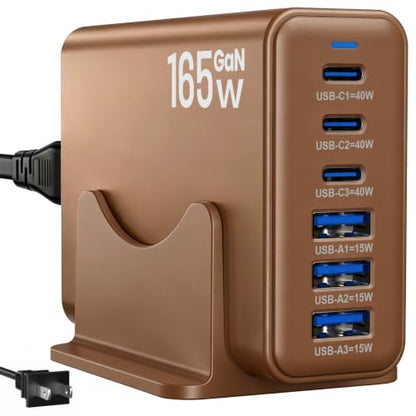165W Charging Station, 6 Port Desktop Charger, 3 Ports 40W Brown - color: Brown
