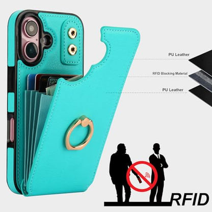 Folosu Compatible with iPhone 16 Case Wallet with Card Holder, 360°Rotation Finger Ring Holder Kickstand, RFID Blocking Leather Protective Double Buttons Shockproof Cover 6.1 Inch Mint Green - color: Mint Green