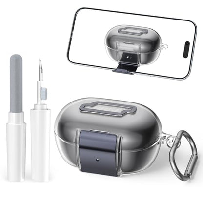 for Bose New QuietComfort Earbuds Case (2024), TPU Protective Cover with Phone Holder Stand & Double Safety Lock, Supports Wireless Charging, Includes Carabiner and Cleaning Pen (Transparent) - color: Transparent