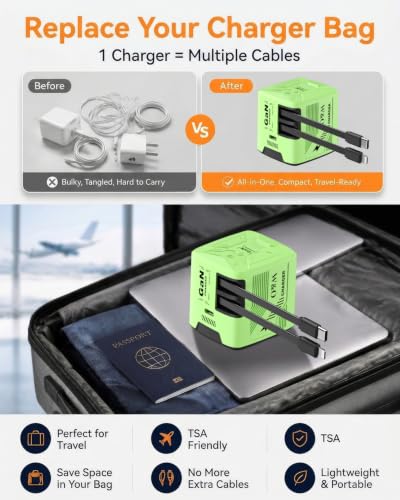 W & O 60W Gan Fast Charger Wall Plug, Built-in Retractable USB-C & L Cables - color: Green
