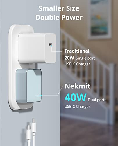 Nekmit Dual Port USB C Wall Charger, 40W PD Fast Charging USB C Wall Plug Adapter, Flat Thin Slim Charger Block for iPhone 17/17 Pro/17 Pro Max, Galaxy, MacBook Air, iPad, AirPods and More - color: Blue