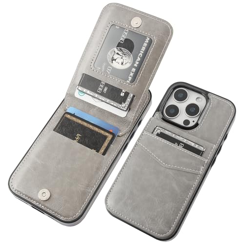 KIHUWEY for iPhone 16 Pro Wallet Case Card Holder Kickstand, Gray | Credit Card Slots, PU Leather, Magnetic Clasp, Flip Heavy Duty Protection Cover for Men and Women - color: Gray