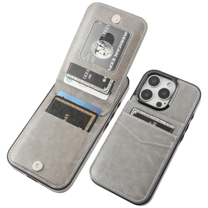 KIHUWEY for iPhone 16 Pro Wallet Case Card Holder Kickstand, Gray | Credit Card Slots, PU Leather, Magnetic Clasp, Flip Heavy Duty Protection Cover for Men and Women - color: Gray