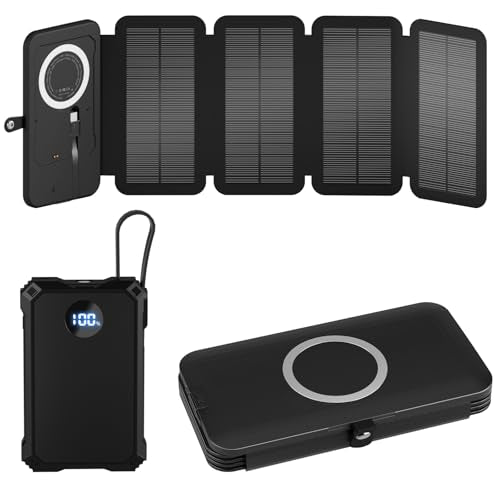 YELOMIN Solar Charger Power Bank 5000mAh with 4 Foldable Panels & 2 Built-in Cables, Wireless Portable Charger, Outdoor External Battery Pack with USB-C in/Output & SOS Flashlight for Camping Hiking