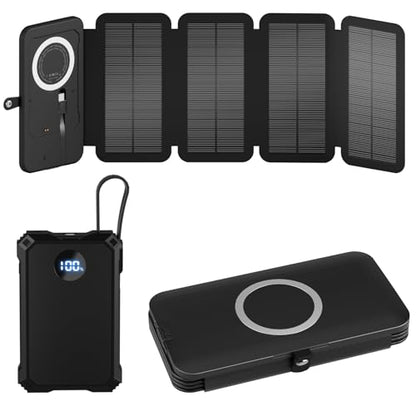 YELOMIN Solar Charger Power Bank 5000mAh with 4 Foldable Panels & 2 Built-in Cables, Wireless Portable Charger, Outdoor External Battery Pack with USB-C in/Output & SOS Flashlight for Camping Hiking