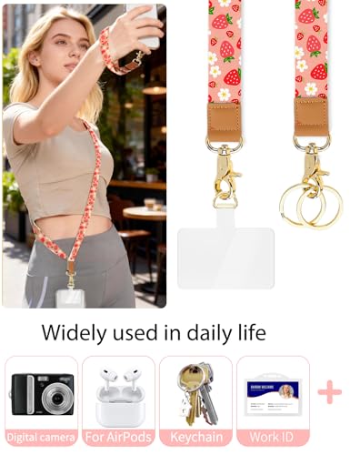 Phone Lanyard Crossbody Strap, Adjustable Neck Strap and Wristlet Strap for Phone Wallet ID Badge with 2 Phone Tabs - color: Strawberry Flower