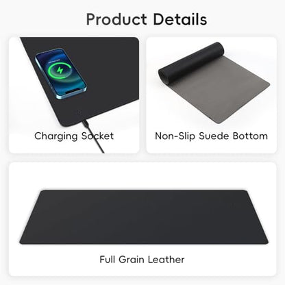 Mouse Pad with Wireless Charging, PU Leather Fast Charging Gaming Mouse Pad, Waterproof Anti-Slip Surface, Easy Clean Office Table Mat, 32L x 16W x 0.15H inches, Black(Right Side Charging Port)