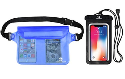 Freegrace Waterproof Pouches with Waist Strap / Pouch Case Bundle Set- Keep Your Phone & Valuables Dry and Safe - Waterproof Dry Bags for Boating Swimming Snorkeling Kayaking Beach Water Parks Pool - color: Blue + Waterproof Case