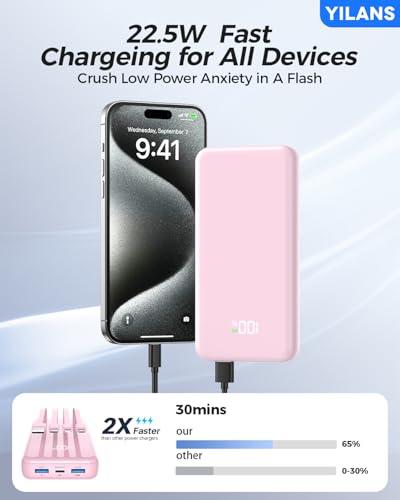 Portable Charger,50000mAh Power Bank Built-in Cable, 22.5W PD USB C In & Out Fast Charging, External Battery Pack with 6 Output & 2 Input, Travel Phone Charger for iPhone 17/16/15/14/13/12(Rosy) - color: Rosy