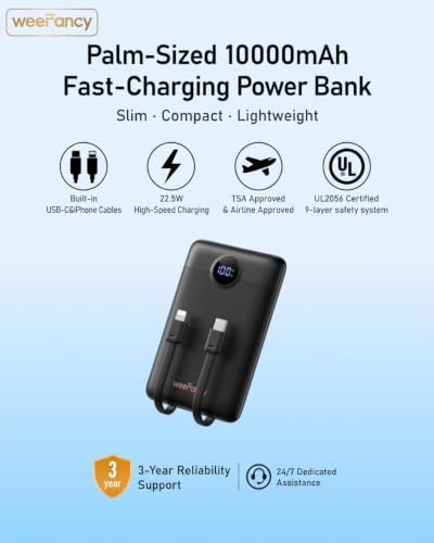 WeeFancy Compact Portable Charger 10000mAh with Built-in Cables - color: Black