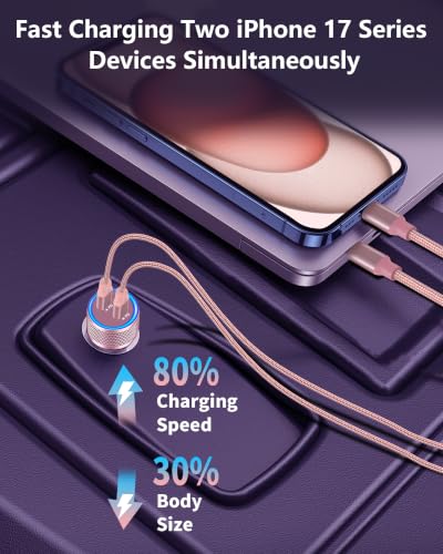 Apple MFi Certified iPhone Duo 18 17 Pro Max Car Charger, USB C Car Charger - color: Titanium Pink