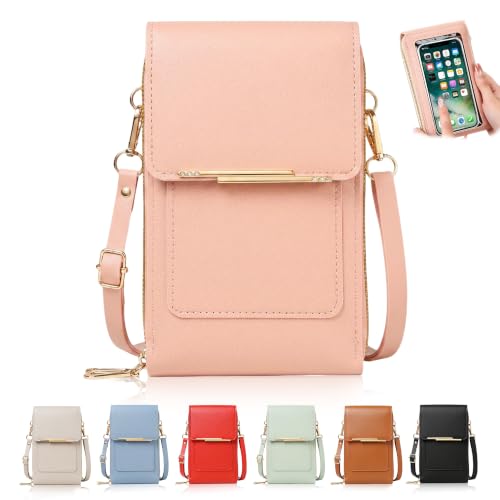 Touchscreen Phone Crossbody Bag for Women,2026 Small Anti Theft Leather Bag,Adjustable PU Leather Phone Bag - color: Pink