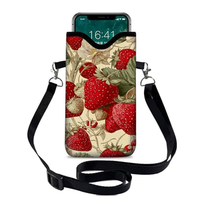 Neoprene Cell Phone Sleeve Pouch Case Bag with Crossbody Strap Neck Lanyard for Women 7.1 X 3.9 in Green Leaf Strawberry - color: Green Leaf Strawberry