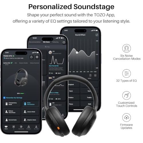 TOZO HT3 Hybrid Noise Cancelling Wireless Headphones, 90H Over Ear Headset - color: Titanium Black