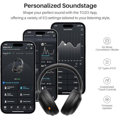 TOZO HT3 Hybrid Noise Cancelling Wireless Headphones, 90H Over Ear Headset - color: Titanium Black