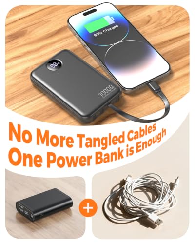 Portable Charger 10000mAh with 4 Built-in Cables 40% Smaller (Ebony)
