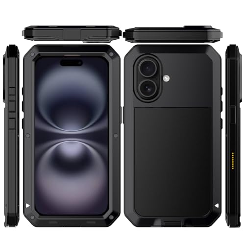 for iPhone 16 Metal Case 6.1",Heavy Duty Shockproof Aluminum Alloy Tough Armour Military Grade Phone Case,360 Full Body Protective Cover with Silicone Built-in Screen Protector - Black - color: Black