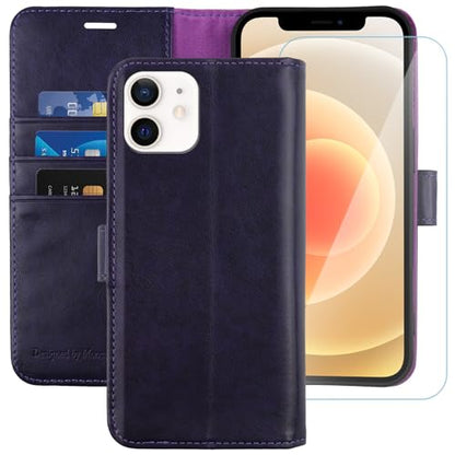 MONASAY Wallet Case Compatible for iPhone 12 mini 5G 5.4-inch,[Glass Screen Protector Included] [RFID Blocking] Flip Folio Leather Cell Phone Cover with Credit Card Holder, Purple - color: Purple