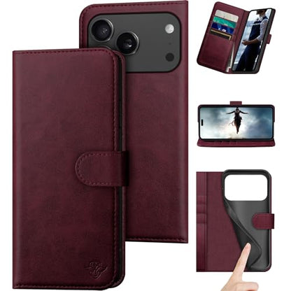 DuckSky Compatible with iPhone 17 Pro Max 6.9" Genuine Leather Wallet case【RFID Blocking】【4 Credit Card Holder】【Real Leather】 Flip Phone case Cover Women Men for Apple 17 Pro Max case Wine Red - color: Wine Red