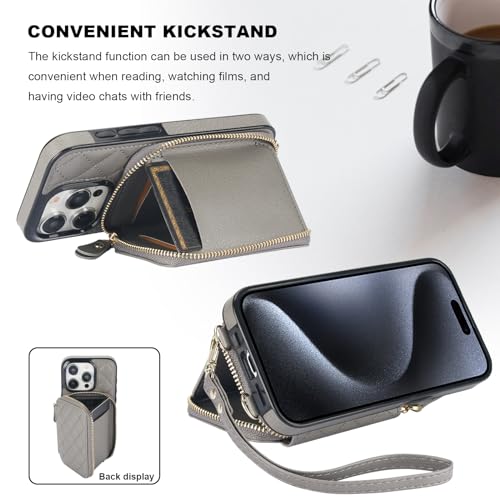 Bocasal Crossbody Wallet Case Card Holder for iPhone 15 Pro, Grey | RFID Blocking PU Leather Zipper Handbag Purse, Kickstand Flip Folio Case with Card Slots Holder Wrist Strap Lanyard 6.1 Inch - color: Gray