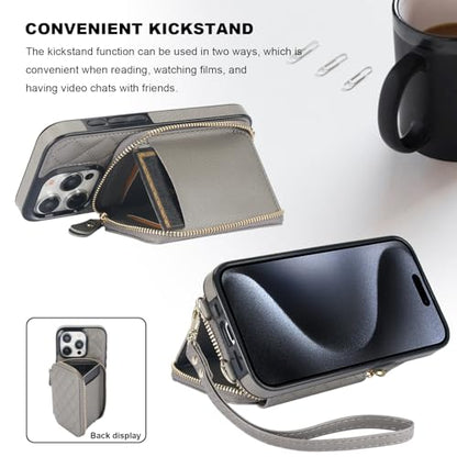 Bocasal Crossbody Wallet Case Card Holder for iPhone 15 Pro, Grey | RFID Blocking PU Leather Zipper Handbag Purse, Kickstand Flip Folio Case with Card Slots Holder Wrist Strap Lanyard 6.1 Inch - color: Gray
