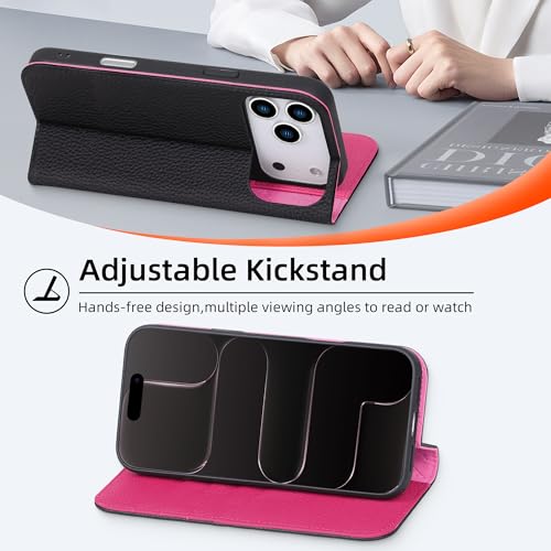 VISOUL Pebbled Leather Wallet Case for iPhone 17 Pro Max 6.9" 2025, Genuine Leather Flip Folio Cover with RFID Blocking Card Holders, Kickstand, Soft TPU Protective Flip Cover -Black+Peach Red - color: Black+Peach Red