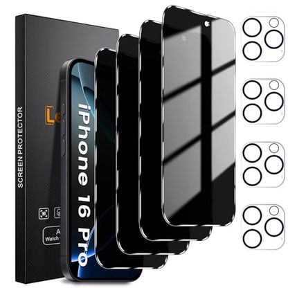 Lesakit 4+4 Pack Privacy Screen Protector for iPhone 16 Pro 6.3-Inch with 4 Pack Camera Lens Protector, Anti Spy Tempered Glass Film 9H Hardness Case Friendly - size: iPhone 16 Pro