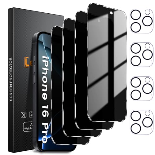 Lesakit 4+4 Pack Privacy Screen Protector for iPhone 16 Pro 6.3-Inch with 4 Pack Camera Lens Protector, Anti Spy Tempered Glass Film 9H Hardness Case Friendly - size: iPhone 16 Pro