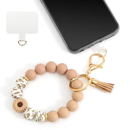 Silicone Beaded Phone Wrist Strap, Phone Wristlet Strap with Tether Tab, Elastic Hands-Free Daisy Wristlet Bracelet(khaki) - color: Daisy Khaki