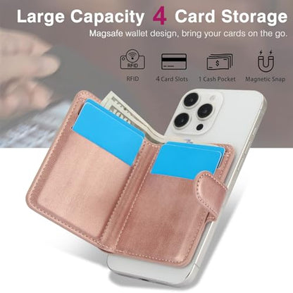 HAII for MagSafe Card Wallet Bag compatible with MagSafe Invisible Ultra-Thin Lightweight Kickstand Magnetic Mobile Wallet Man Woman, 4 Card Slots + 1 Cash Bag. (Pink, Buckle Wallet) - color: Pink, size: 4 Card Slots + 1 Cash Bag - Buckle Wallet