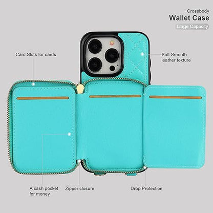 Bocasal Crossbody Wallet Case Card Holder for iPhone 15 Pro, Mint Green | RFID Blocking PU Leather Zipper Handbag Purse, Kickstand Flip Folio Case with Card Slots Holder Wrist Strap Lanyard 6.1 Inch - color: Green