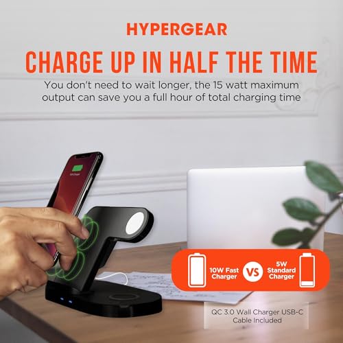 HyperGear 3-in-1 Wireless Charging Station - Phone Charger Stand for Multiple Devices with 10W Fast Charge, Phone & Watch Charger Station for iPhone, Android & AirPods