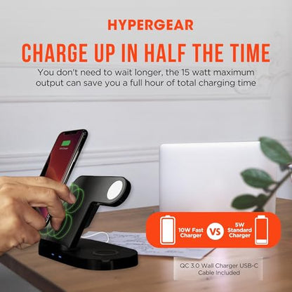 HyperGear 3-in-1 Wireless Charging Station - Phone Charger Stand for Multiple Devices with 10W Fast Charge, Phone & Watch Charger Station for iPhone, Android & AirPods