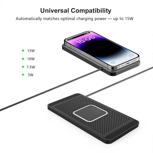 Pad for Smart 1990-2013 2014 2015 2016 2017, Non-Slip Phone Charging Mat for Center Console Use, Flexible Trim-to-Fit Design, 15W Charging Support
