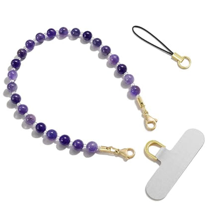 SURPHY Natural Stone Phone Charm, Beaded Phone Wrist Strap with Tether Tab - color: Amethyst
