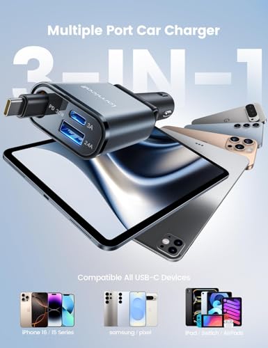 Lamicall Retractable Car Charger USB C 57W Charging for iPhone 18 17 16 Duo - color: Dark grey