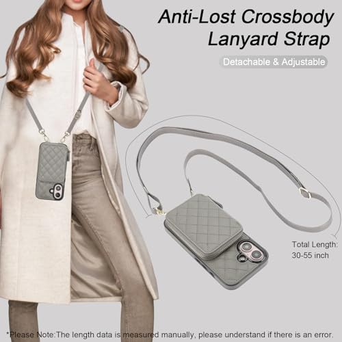 Bocasal Crossbody Wallet Case Card Holder for iPhone 16, Grey | RFID Blocking PU Leather Zipper Handbag Purse, Kickstand Flip Folio Case with Card Slots Holder Wrist Strap Lanyard 6.1 Inch - color: Gray