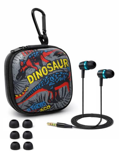 Teens Wired Earbuds with Case, 3.5mm Headphones for School, Neon Dinosaur - color: Neon Dinosaur