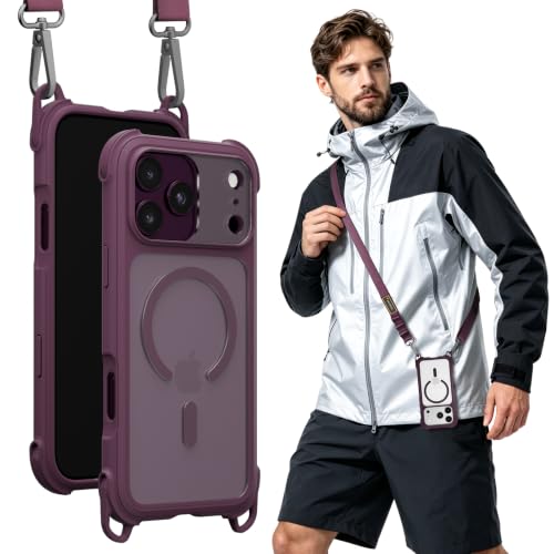 MAGEASY Odyssey MagSafe Crossbody iPhone Case with Strap for iPhone 18 Pro Max & 17 Pro Max, 20ft Drop Protection, TPU Leather Shoulder Phone Carrying Case with Adjustable Lanyard (Purple) - color: Purple, size: iPhone 18 Pro Max