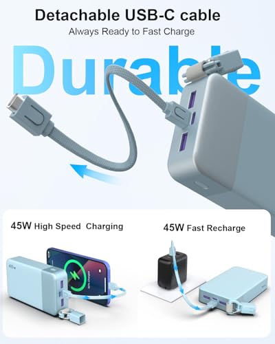 NOBIS Portable Charger, 45W 20000mAh Power Bank with Detachable USBC Cable - color: Blue