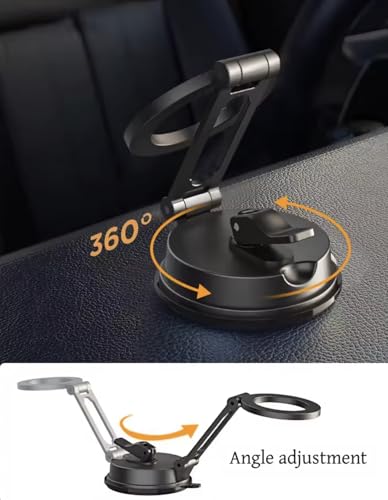 Magnetic Car Phone Mount for Dashboard Windshield - Heavy Duty MagSafe Compatible Holder with 20 N52 Magnets, Long Foldable Arm, 360° Rotation, Suction Cup Base for iPhone & Android