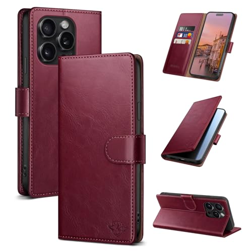 Wallet Case for iPhone 15 Pro Max 6.7", Wine Red | RFID-Blocking Card Holder, Kickstand, Magnetic Closure, PU Leather Folio Flip Cover, Protective Women Men Cases - color: Wine Red, size: iPhone 15 Pro Max