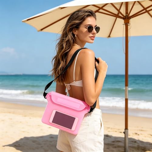 Waterproof Phone Bag, 3 Layer Sealed Submersible Pouch Touchscreen Swimming Case Adjustable Crossbody Waist Pack - color: Pink
