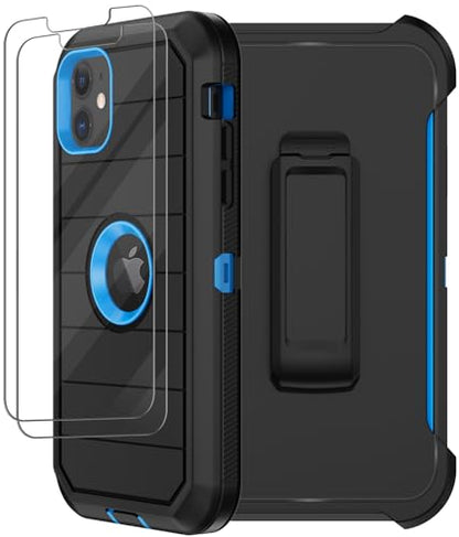 for iPhone 12 Case, iPhone 12 Pro Case with Belt Clip Holster, 2X Screen Protector, Heavy Duty Military Grade Full Body Shockproof Rugged Protective Cover for iPhone 12/12 Pro (Black Blue) - color: Black Blue