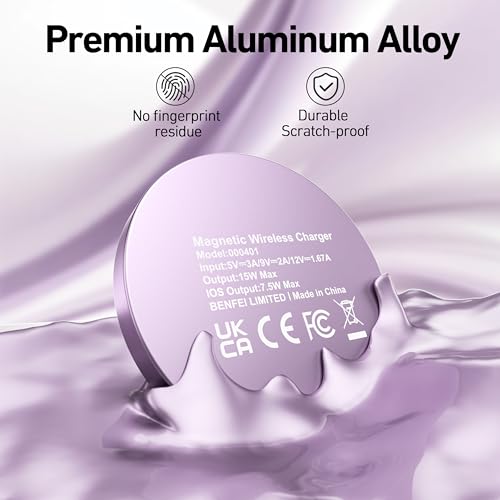 BENFEI Magnetic Wireless Charger Compatible with MagSafe for iPhone 17/16/15/14/13/12, Aluminum, up to 7.5W, 1.5m Cable - color: Purple