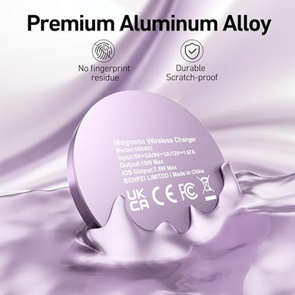 BENFEI Magnetic Wireless Charger Compatible with MagSafe for iPhone 17/16/15/14/13/12, Aluminum, up to 7.5W, 1.5m Cable - color: Purple