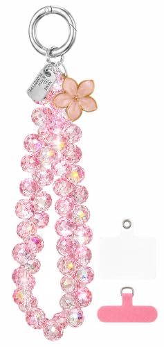 Cute Phone Wrist Strap Chic Beaded Cellphone Lanyard Phone Charm Grip Strap - color: Pink Flower Crystal
