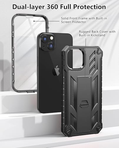 SOiOS for iPhone 13/14/15 Phone Case: for iPhone 16e Protective Cover with Built-in Kickstand | Heavy Duty Military Grade Hard Protection Shock Proof | Durable Dual-Layer Design Black | with Kickstand, 20FT Military-Grade Drop Shockproof Protection, Durab