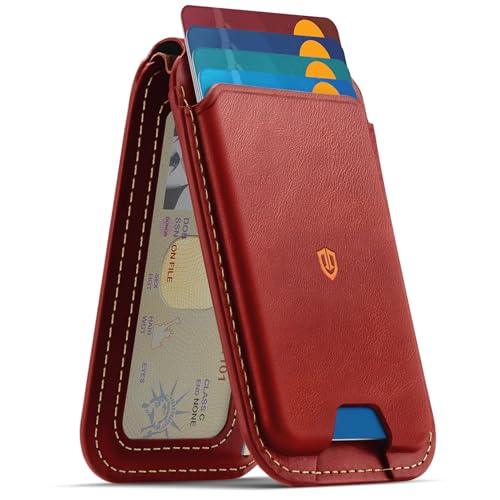SHIELDON Genuine Leather Magnetic Wallet Stand for MagSafe, Retro Red | Strong Magnetic, 6 Card Holder, Kickstand, Angle Adjustment, Rfid Blocking, Quick-access, for iPhone 17/16/15/14/13/12 Series - color: Retro Red