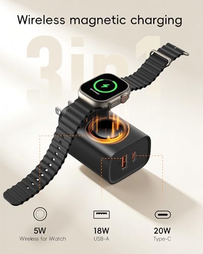 VRURC Fast Charger for iPhone, PD 20W USB C Wall Charger Dual Ports, 3-in-1 Foldable Charging Block Built in Magnetic Watch Charger Station for Apple Watch Ultra/10/9/8/7/6/5/4-Black - color: Black